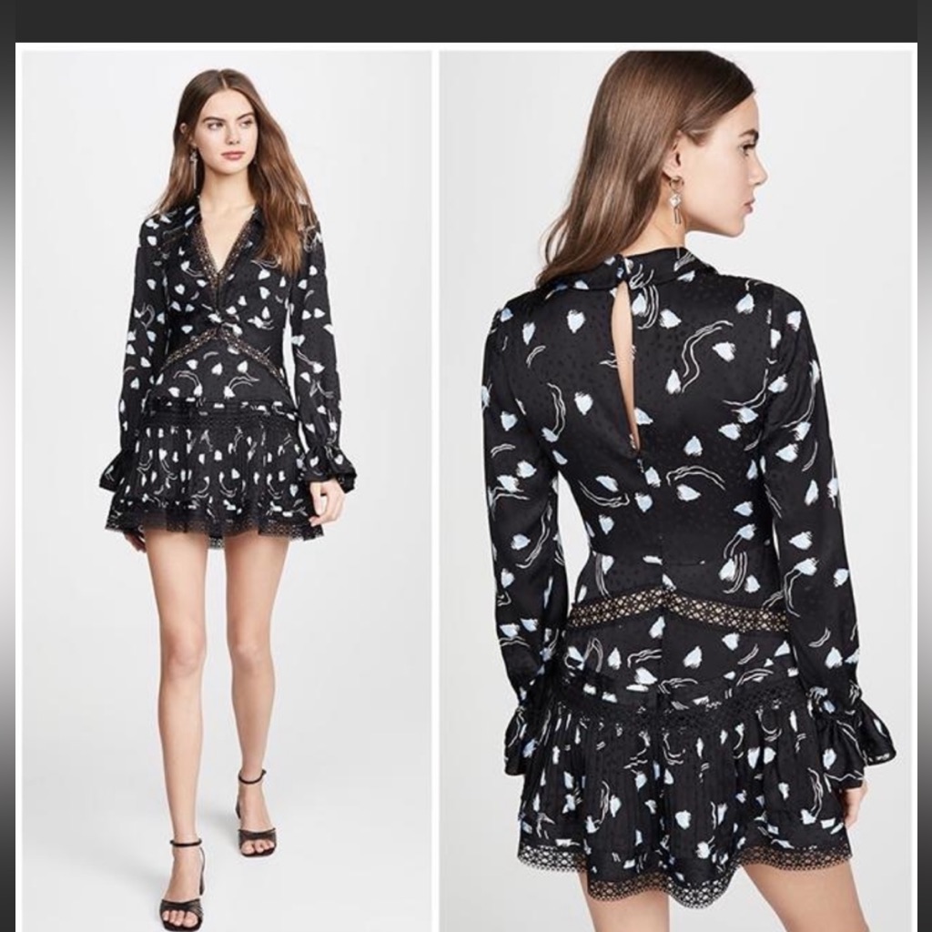 Self Portrait Abstract Geo Print Lace Trim Mini Dress